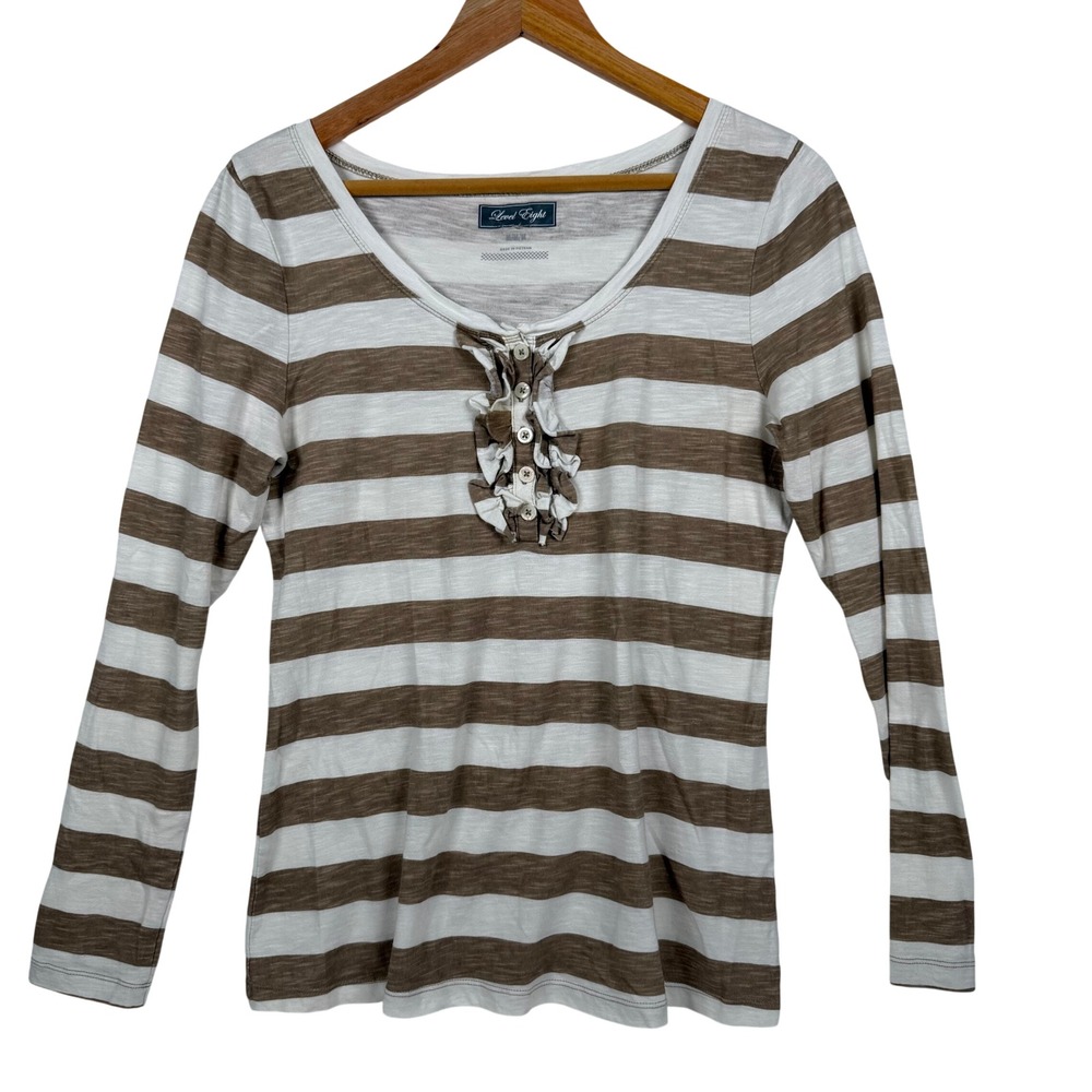 Level Eight Striped Top Womens Medium‎ Brown White Ruffle Henley Long Sleeve